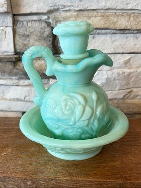 Avon Victorian Pitcher & Basin Green Slag Glass Jadeite Moonlight Oil Decanter